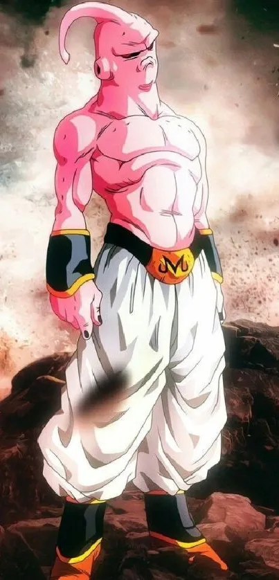 Majin Buu from Dragon Ball Z stands powerfully in anime art wallpaper.