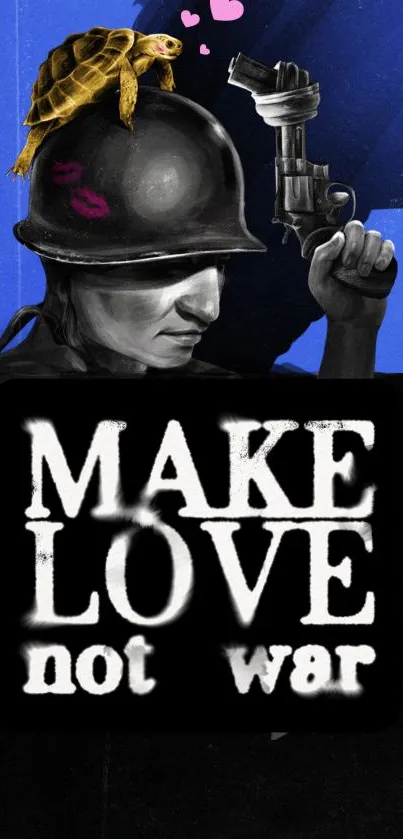 Make Love Not War illustrated mobile wallpaper with turtle and message.