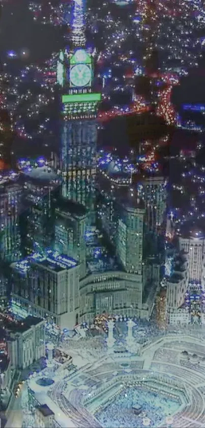 Skyline of Makkah at night featuring illuminated cityscape.