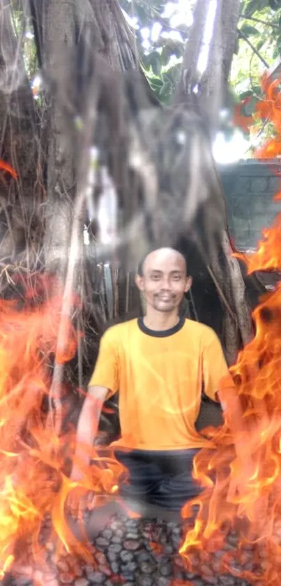 Man in orange shirt amidst swirling flames and tree.