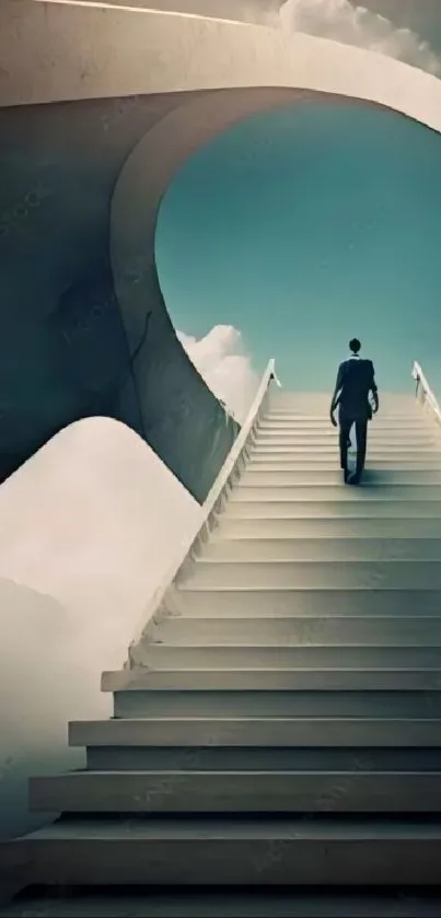 Man ascends surreal infinite stairs towards a cloudy sky.