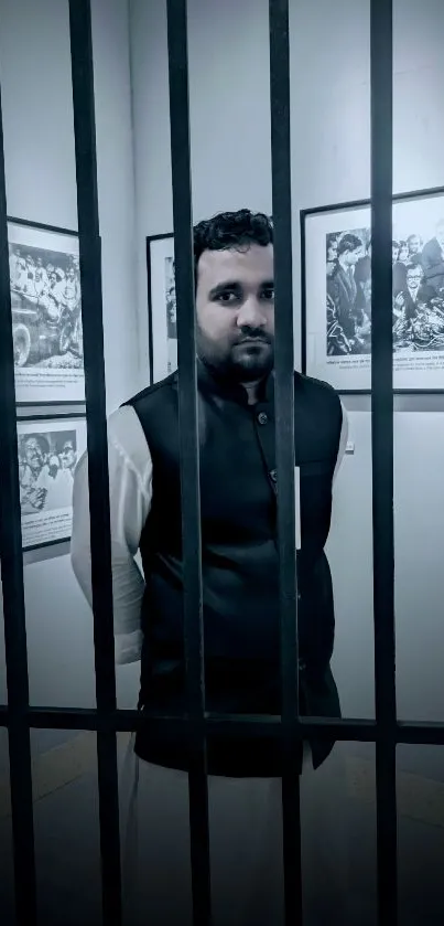 Man standing behind bars with black-and-white photos on the walls.