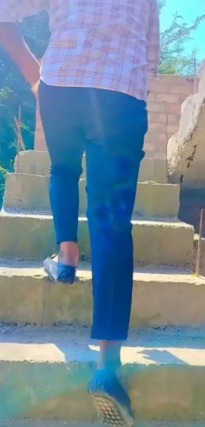 Man climbing sunlit stairs with blue hues.