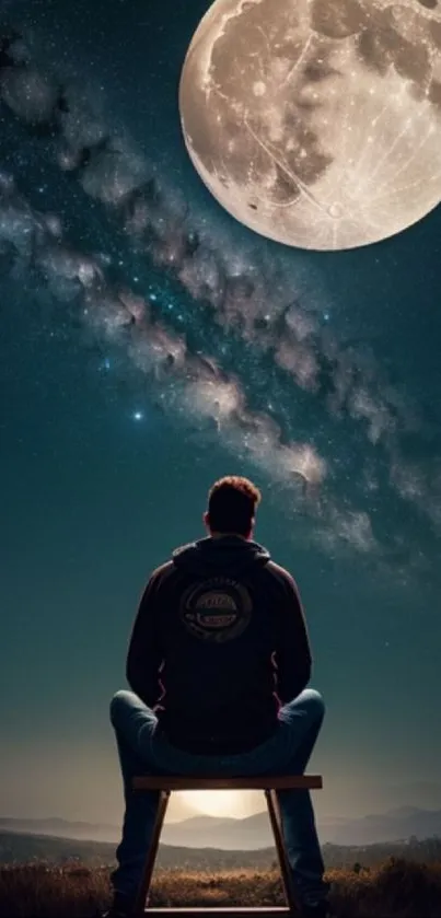 Man sitting and gazing at a full moon under a stunning night sky.