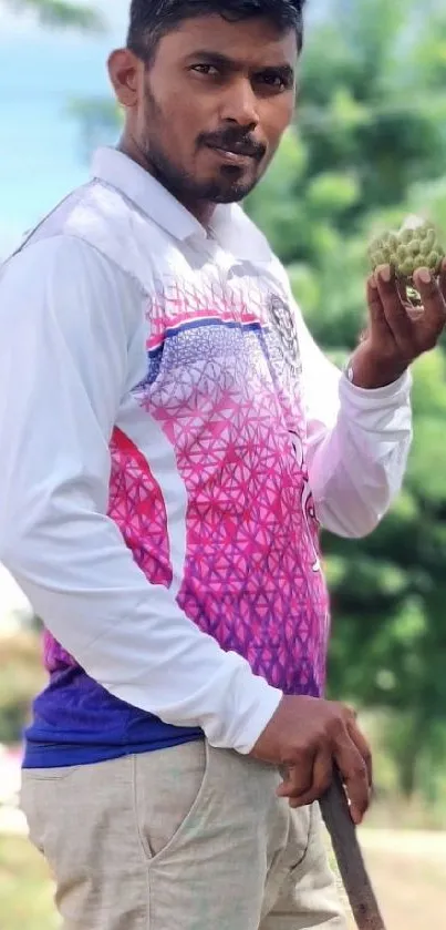 Man holding a tropical fruit in a vibrant outdoor setting.