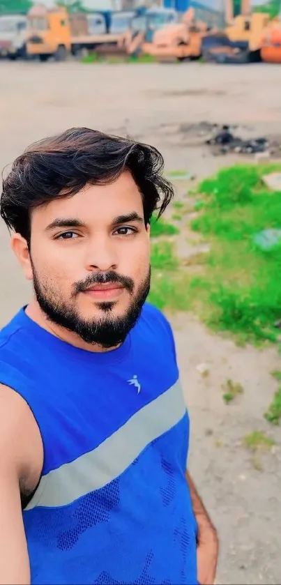 Portrait of man in blue tank outdoors