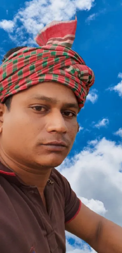 Man wearing a checkered turban against a blue sky with clouds.