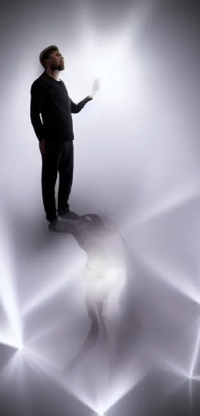 Man standing in spotlight with abstract lighting effects on a dark background.