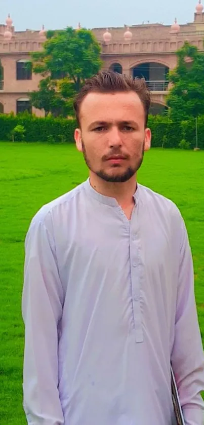 Person in traditional outfit standing in a lush garden with historic architecture.