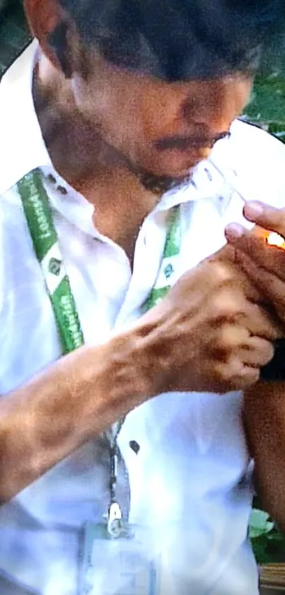 Man in white shirt lighting a cigarette outdoors.