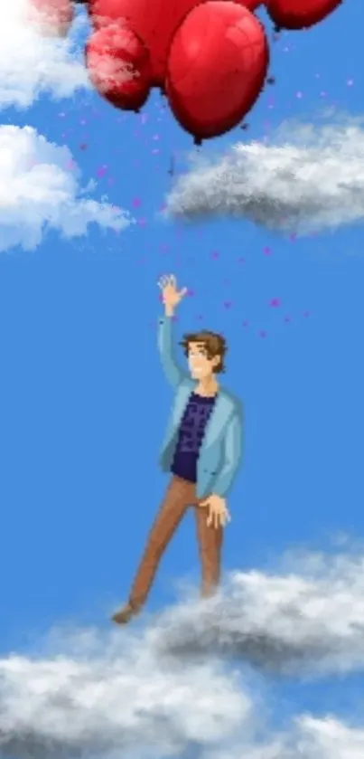 Man reaching for floating red balloons among fluffy clouds.