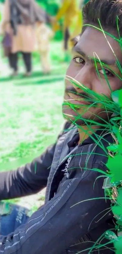 A young man relaxing in lush green grass outdoors.