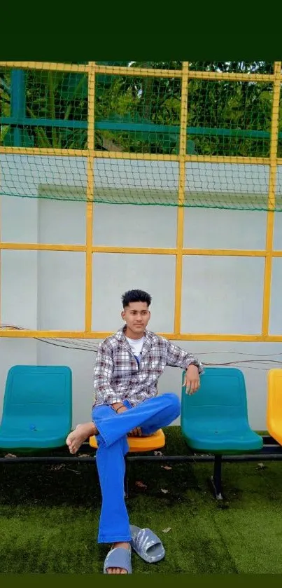 Man in casual attire sitting on vibrant stadium bench.