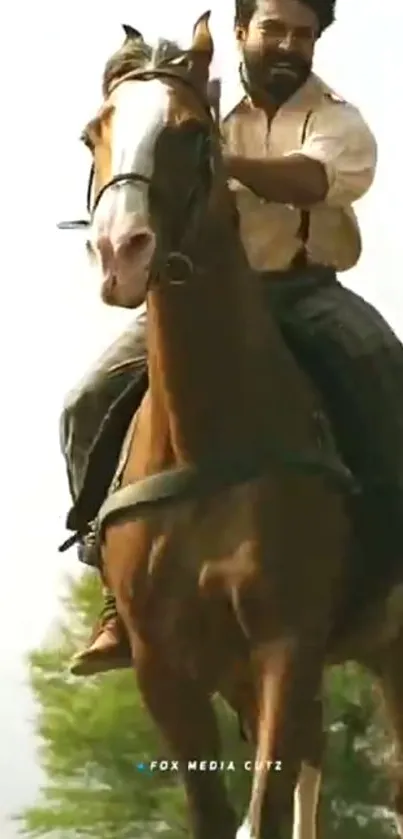 Man riding a horse against nature background mobile wallpaper.