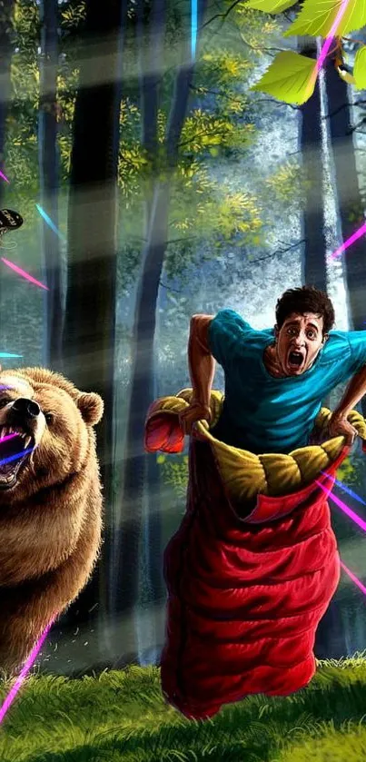 Funny illustration of a man running from a bear in a forest.