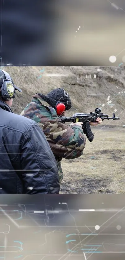 Man aiming rifle at outdoor shooting range in camouflage attire.