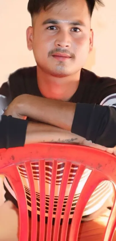 Man sitting behind a red chair indoors.