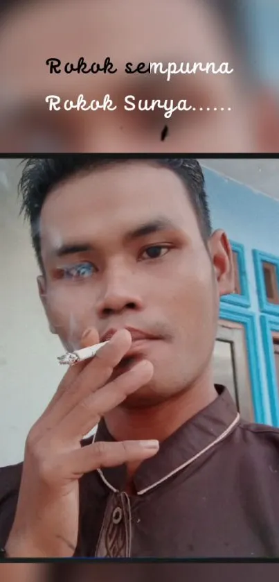 A man smoking a cigarette with a reflective portrait effect in brown tones.