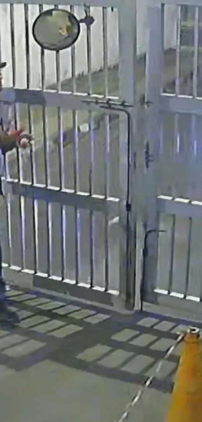 Security guard stands by a large metal gate at night.