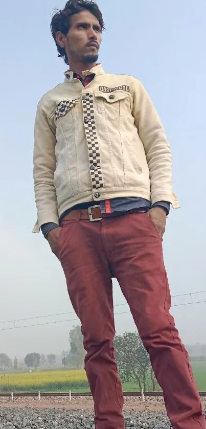 Man in casual attire on railway track with blue sky.