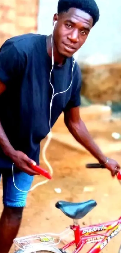 Man holding smartphone with red bicycle.