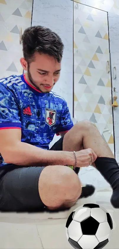 Man tying shoelaces in a blue sports jersey with geometric background.