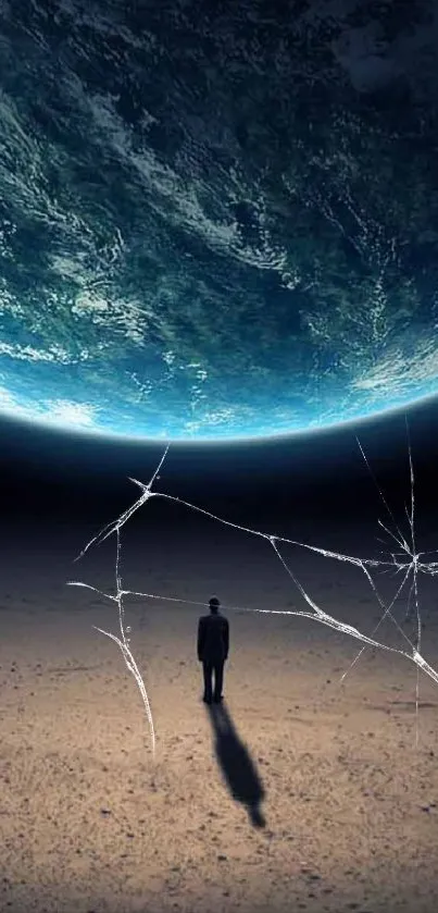 Man standing under gigantic cosmic sphere with vast sky.