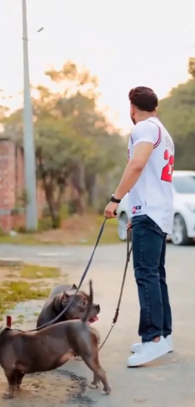 Man walking two dogs outdoors in a scenic neighborhood during sunset.