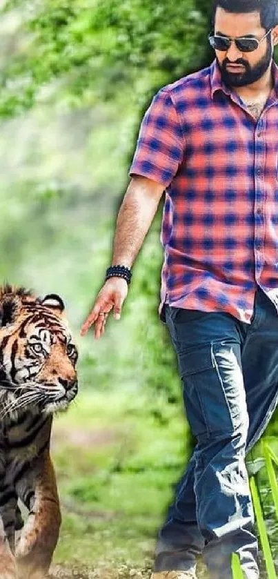 Man walking beside a tiger in a lush forest setting.