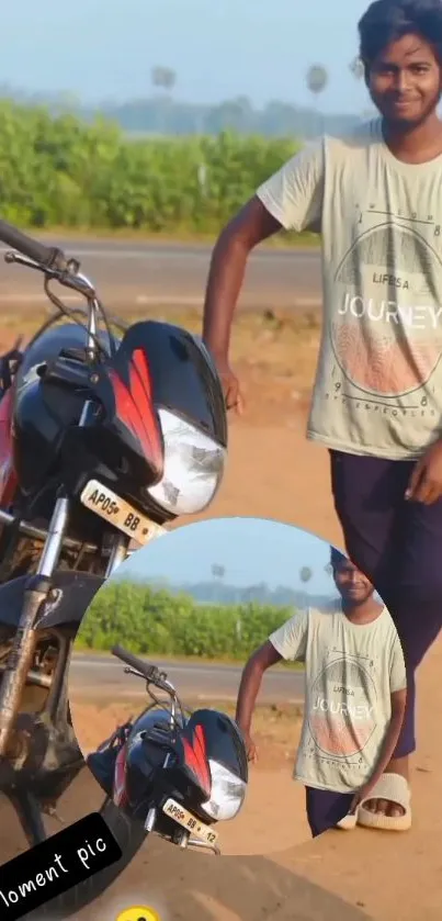 Man standing by motorcycle on a sunny day in nature.