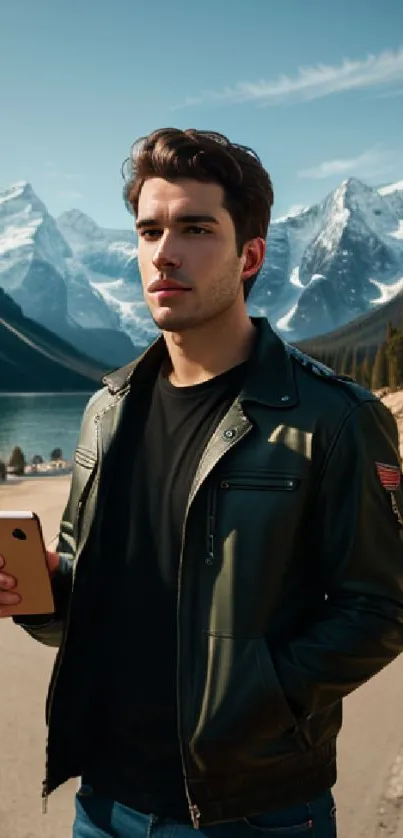 Man holding a phone in front of picturesque mountains and lake view.