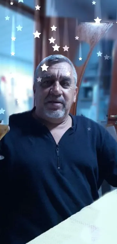 Man holding a drink with stars above.