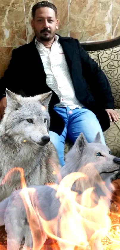 Man seated with two realistic wolves in a living room setting wallpaper.