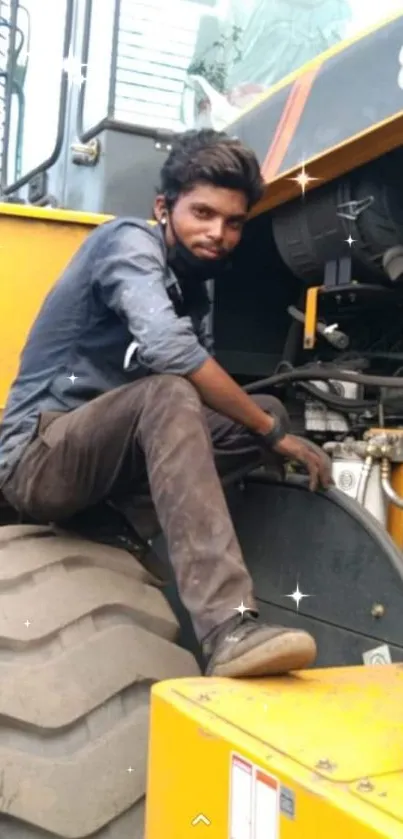 Man sitting on large yellow industrial machine.