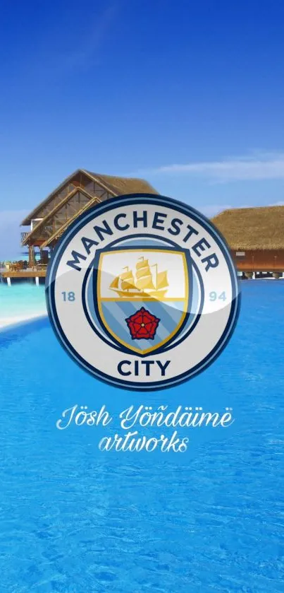 Manchester City logo overlaying a tropical beach and ocean scene.