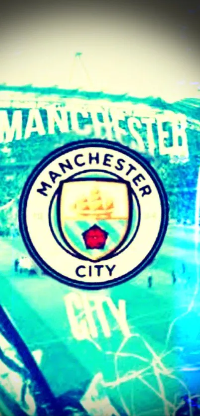 Manchester City logo on a blue background mobile wallpaper.