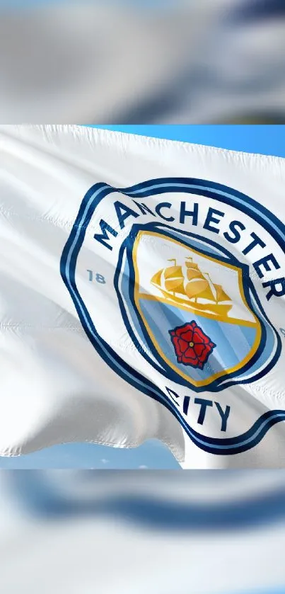 Manchester City logo on a waving white flag.