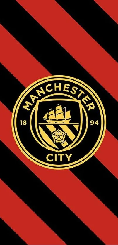 Manchester City emblem with red and black stripes on a mobile wallpaper.