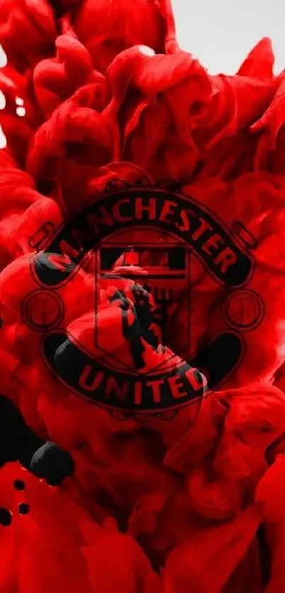 Manchester United emblem with red and black swirls.