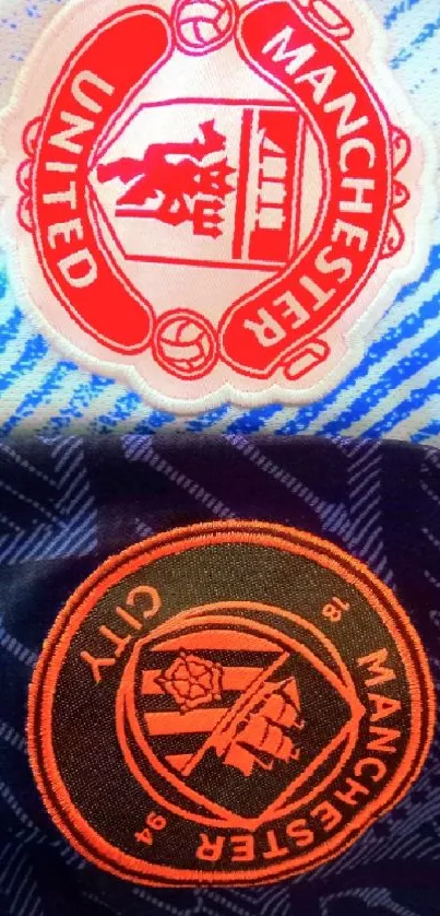 Manchester United and City logos on vibrant wallpaper.