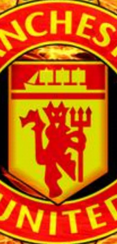 Manchester United logo with fiery background.