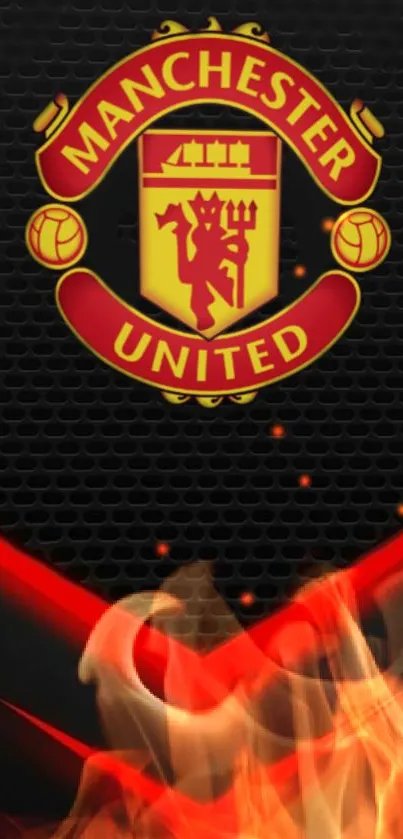 Manchester United emblem with fiery red and black background wallpaper.