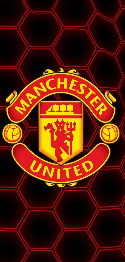 Vibrant red Manchester United logo on hexagon pattern.