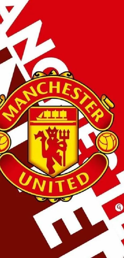 Manchester United crest on red wallpaper with bold letters.