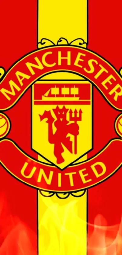 Manchester United crest with red and yellow background.