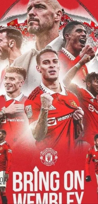 Manchester United players in red kits with 'Bring on Wembley' text.