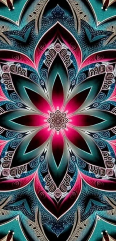 Vibrant mandala art phone wallpaper with teal and pink patterns.