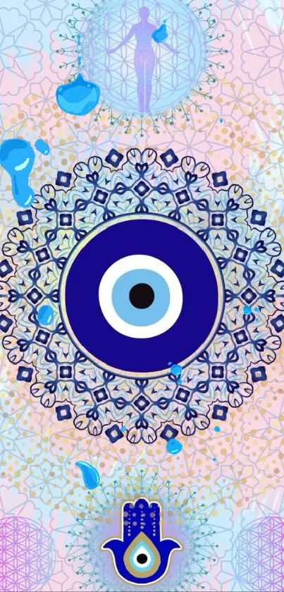 Colorful mandala with evil eye design wallpaper.