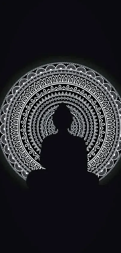 Black and white mandala meditation wallpaper in silhouette design.