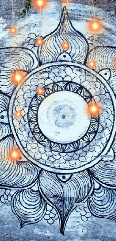 Intricate mandala wall art with glowing lights on a textured gray background.